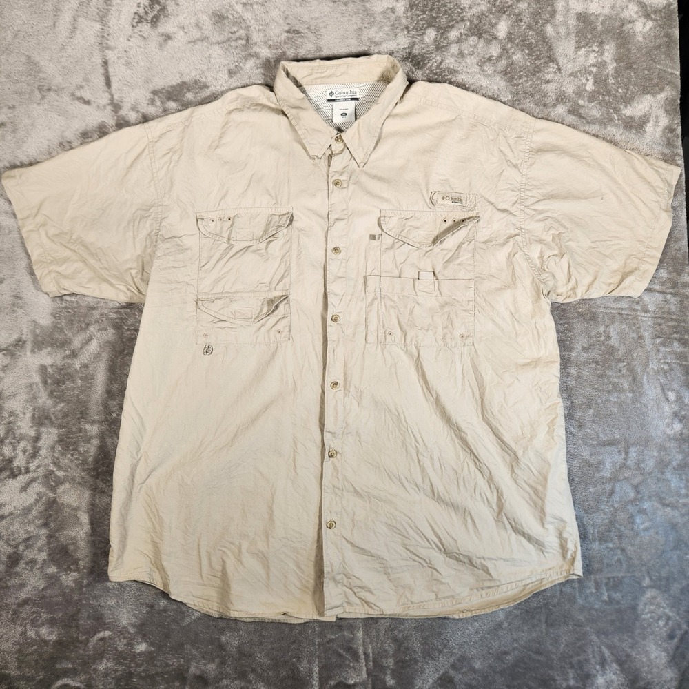 Columbia Shirt Mens XXL PFG Bahama II Beige Button-Down Short Sleeve EUC